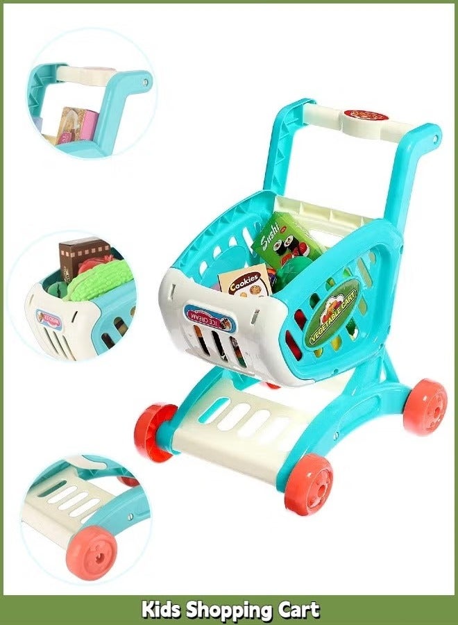 Gerenic Kids Shopping Cart Trolley, Kitchen Role Play Cart Trolley Playset, Pretend Play Trolley Toy Playset, Educational Toy, 2 in 1 Simulated Shopping Cart Trolley with Wheels, Little Helper's Shopping Cart Trolley for Kids, Grocery Shopping Cart with Pretend Food and Accessories, Easy Assembly Child-Safe and Durable, Perfect for Ages 2+ Role-Playing Games(Blue)  - Image 3