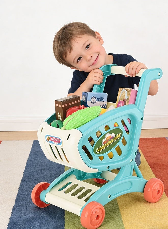 جيرينك عربة تسوق للأطفال، مجموعة لعب عربة عربة لعب دور المطبخ، مجموعة لعب عربة لعب تظاهرية، لعبة تعليمية، عربة تسوق محاكاة 2 في 1 بعجلات، عربة تسوق مساعد صغير للأطفال، عربة تسوق بقالة مع طعام تظاهري وملحقات، سهلة التركيب آمنة للأطفال ومتينة، مثالية لألعاب لعب الأدوار من عمر سنتين فما فوق (أزرق) - Image 4