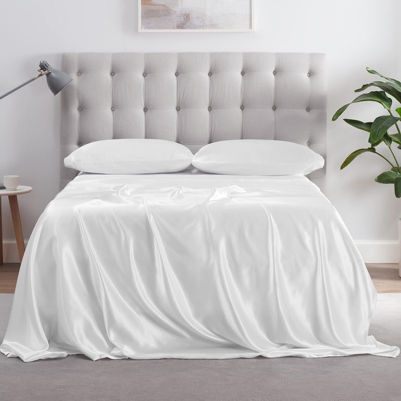 Serta SatinLuxury 4pc Soft Lightweight Deep Pocket Bedding Silky Satin Sheet Set with Pillowcases King White