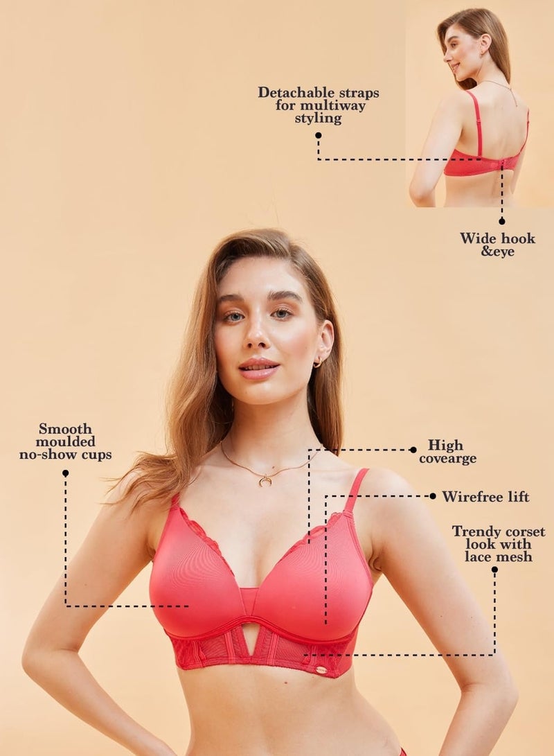 enamor Women Adjustable and Detachable 2 Ways Style Molded Cup Non-Wire T-Shirt Bra Hibiscus Red - Image 4