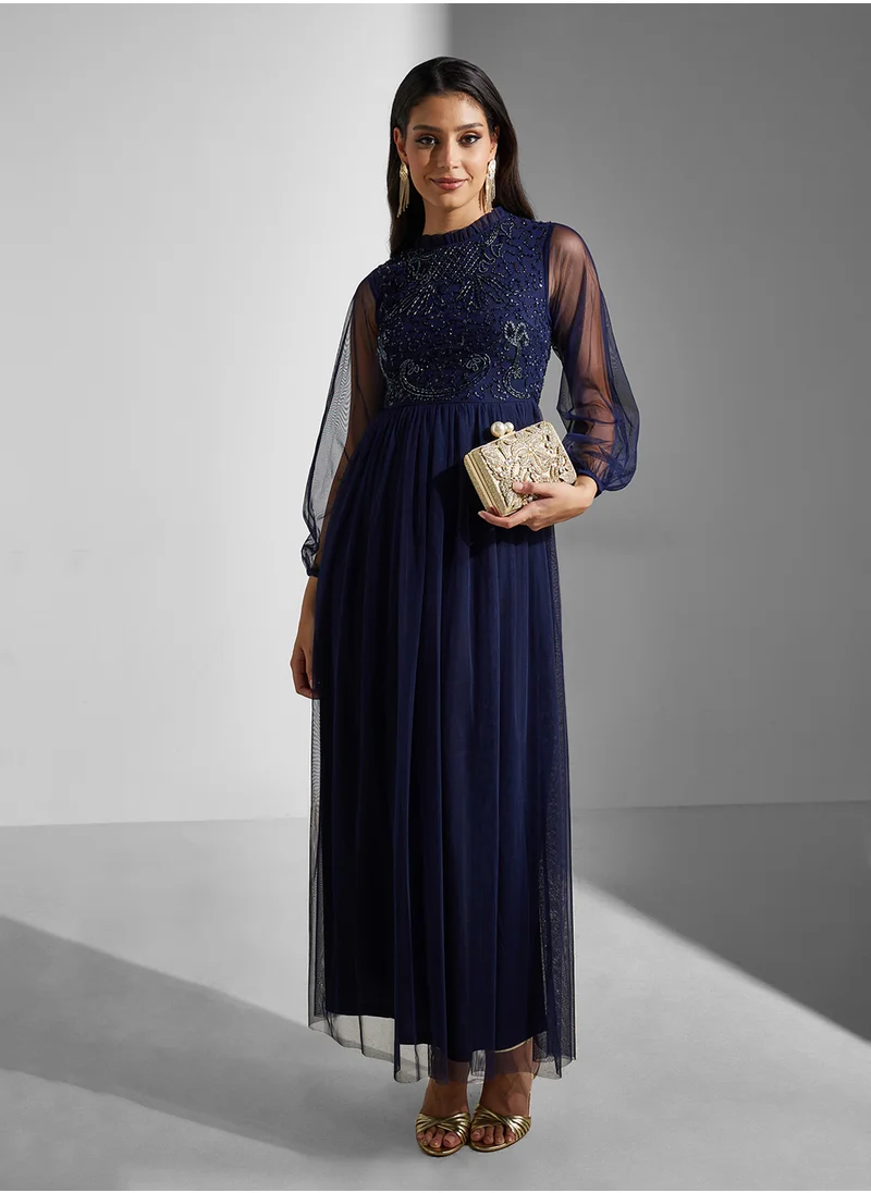 Amelia Rose Embellished Long Sleeves Midi Dress