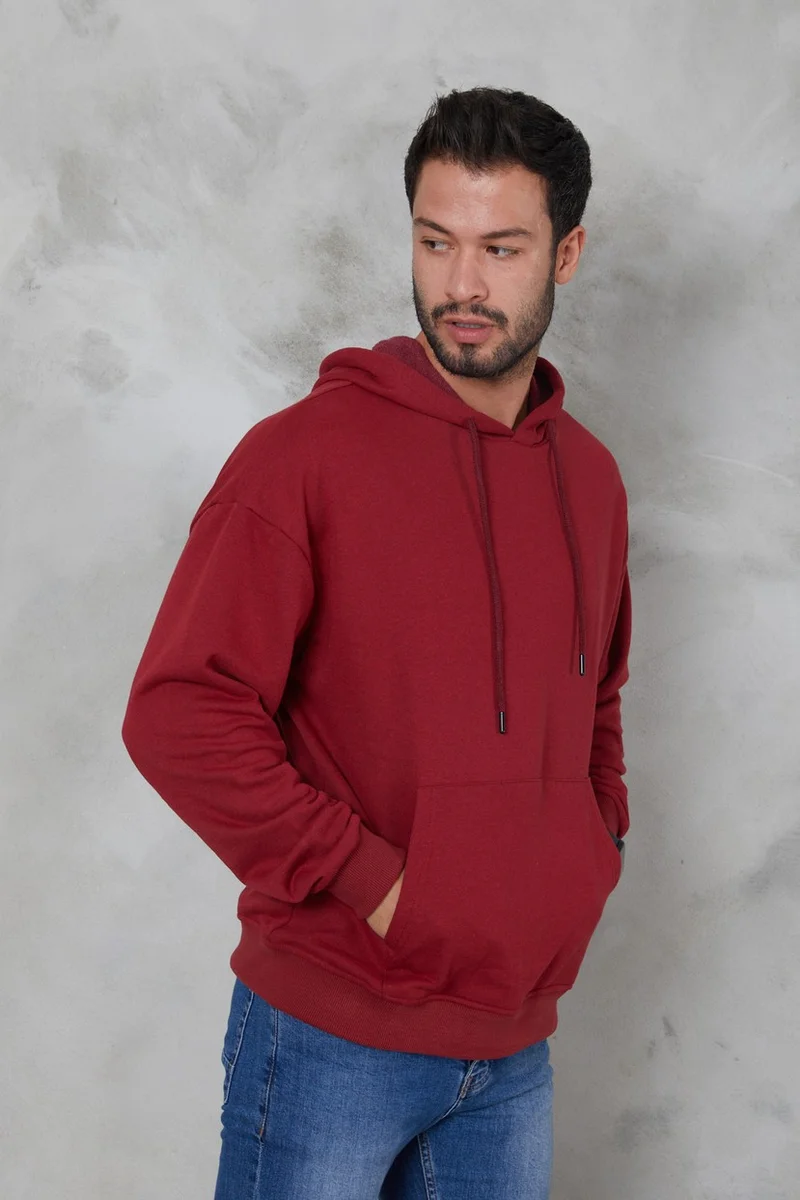 توينتي3 Men's Oversize Hooded Kangaroo Pocket Ribbed Long Sleeve Basic Sweatshirt