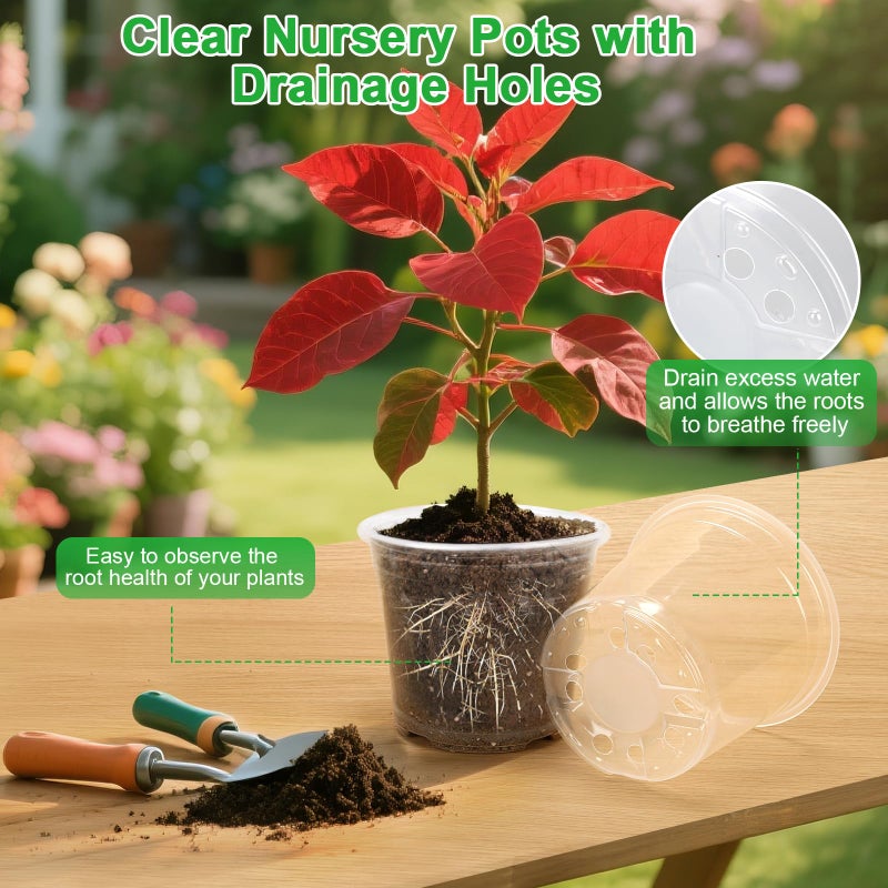 HQAUT 10/8/6/5 Inch Large Clear Nursery Pots with Drainage Holes, 16 Pack Gallon Clear Plastic Pots for Plants, Seedling Starter Pot, Garden Plant Pots for Succulents Flowers - Image 3