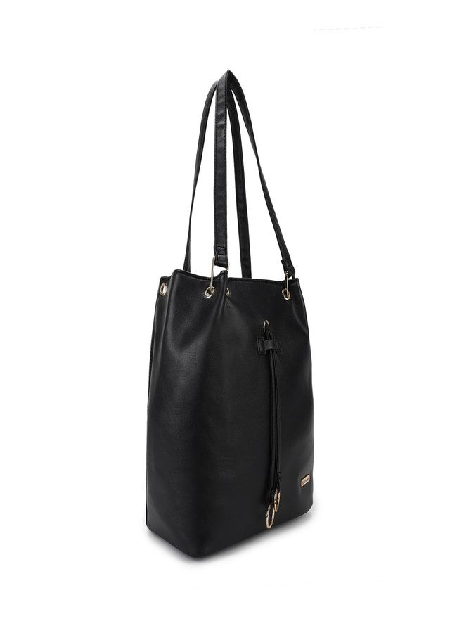 Fastrack Solid Shoulder Bag For Girls, Ladies And Women | Decorative Drawstrings And Dual Handles | Casual Handbag For Womens | Made Up Of Semi - Pu Leather, Black - Image 3