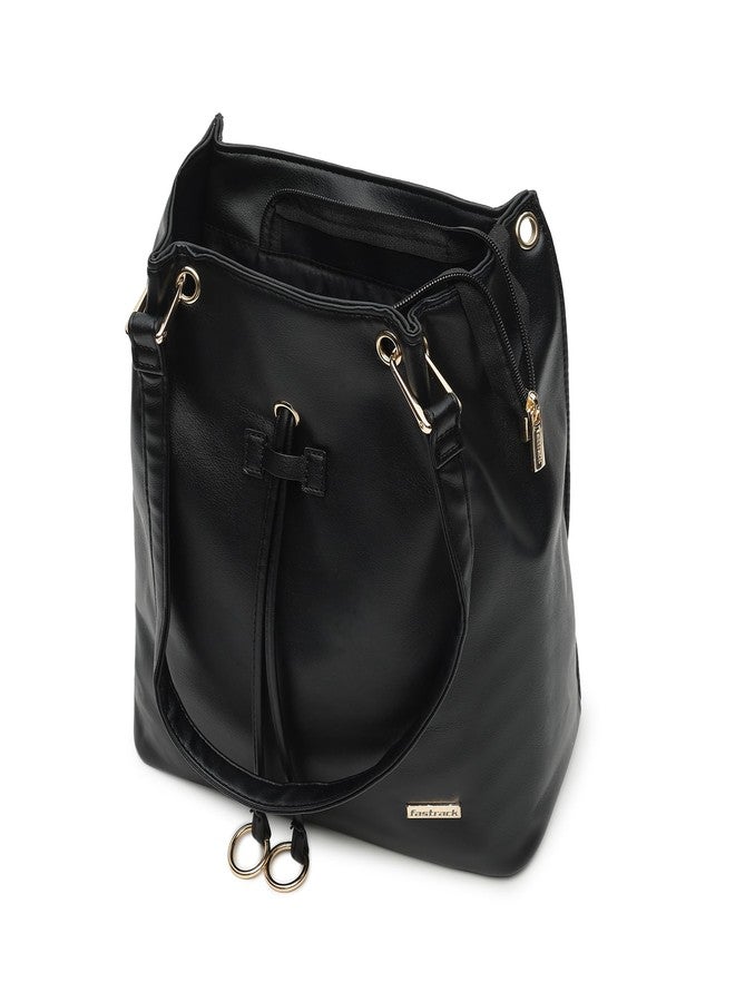 Fastrack Solid Shoulder Bag For Girls, Ladies And Women | Decorative Drawstrings And Dual Handles | Casual Handbag For Womens | Made Up Of Semi - Pu Leather, Black - Image 5