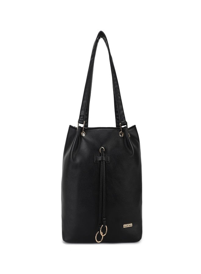 Fastrack Solid Shoulder Bag For Girls, Ladies And Women | Decorative Drawstrings And Dual Handles | Casual Handbag For Womens | Made Up Of Semi - Pu Leather, Black - Image 1