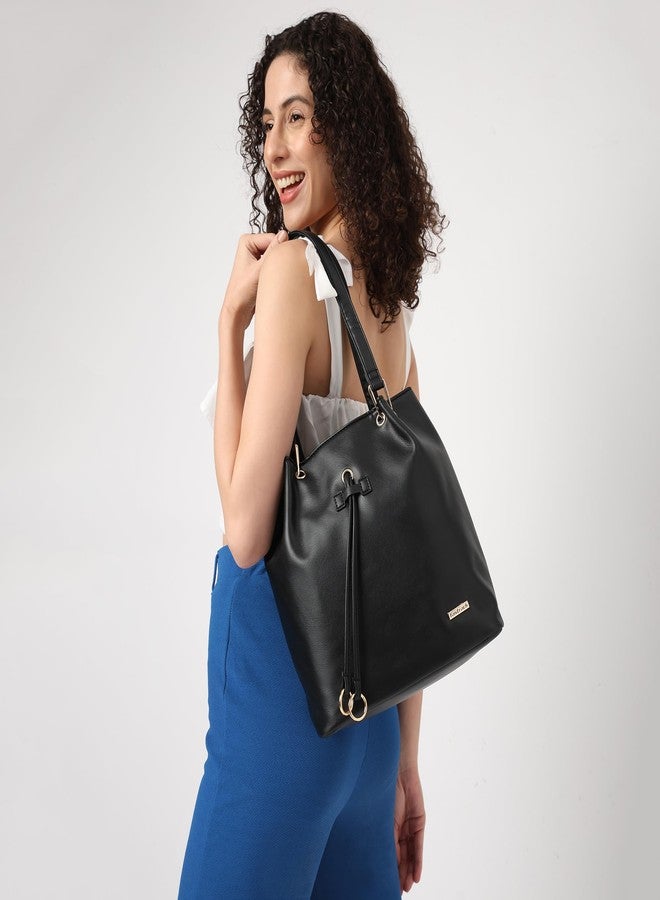Fastrack Solid Shoulder Bag For Girls, Ladies And Women | Decorative Drawstrings And Dual Handles | Casual Handbag For Womens | Made Up Of Semi - Pu Leather, Black - Image 2