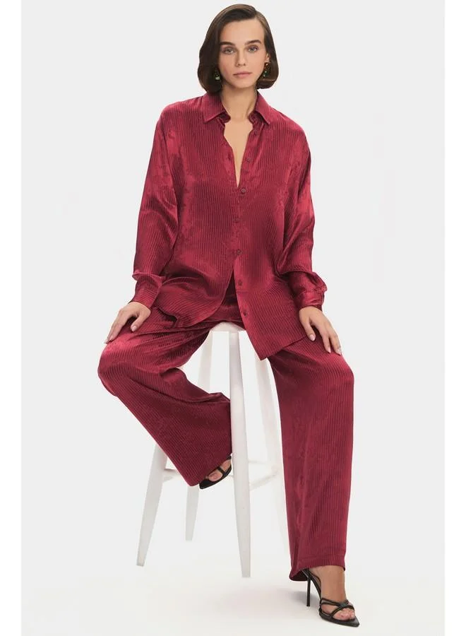 JUNE June Women Viscose Blend Self-Patterned Shirt Trouser Set Burgundy