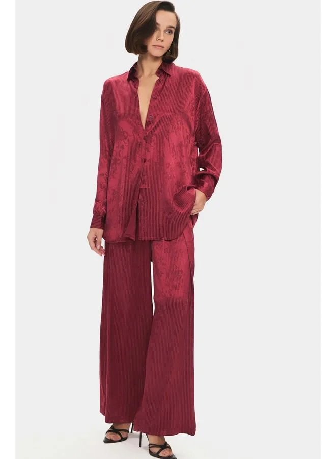 JUNE June Women Viscose Blend Self-Patterned Shirt Trouser Set Burgundy
