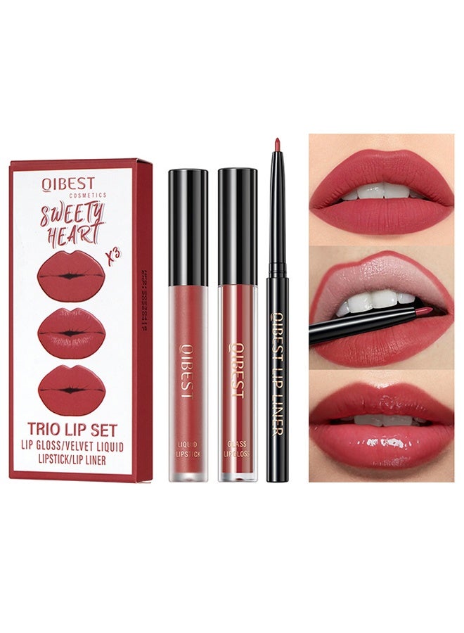 كيو آي بست تريو ليب ست ملمع شفاه / أحمر شفاه سائل مخملي / محدد شفاه ، أحمر شفاه سائل مرطب ملمع شفاه محدد شفاه كريمي وردي 04 - Image 1