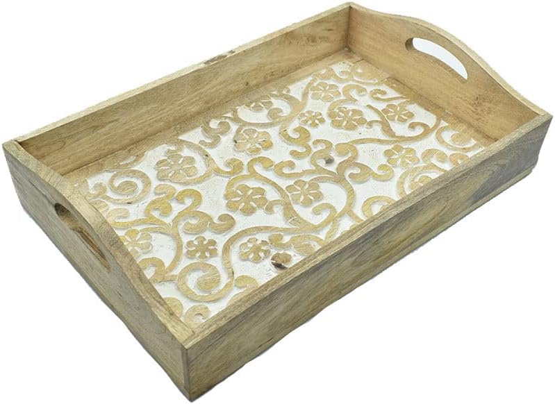 STORE INDYA Rustic Large Wooden Serving Tray Platter for Tea Snack Dessert with Handle Hand Carved Floral Design Kitchen Dining ServeWare Accessories 14 x 10 Inches Beige - Image 2