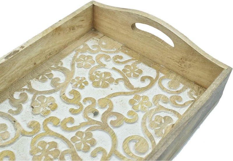 STORE INDYA Rustic Large Wooden Serving Tray Platter for Tea Snack Dessert with Handle Hand Carved Floral Design Kitchen Dining ServeWare Accessories 14 x 10 Inches Beige - Image 3