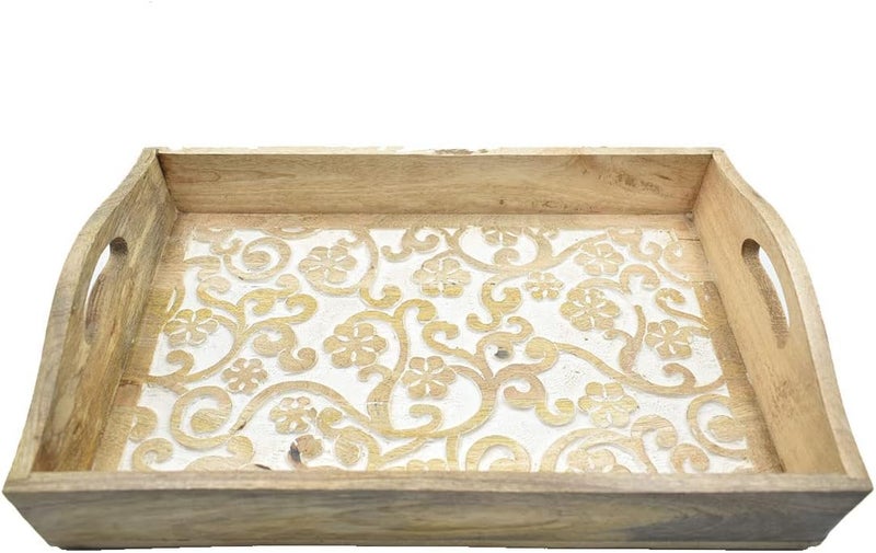 STORE INDYA Rustic Large Wooden Serving Tray Platter for Tea Snack Dessert with Handle Hand Carved Floral Design Kitchen Dining ServeWare Accessories 14 x 10 Inches Beige - Image 1