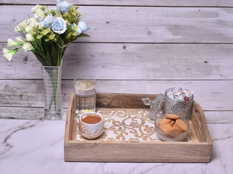 STORE INDYA Rustic Large Wooden Serving Tray Platter for Tea Snack Dessert with Handle Hand Carved Floral Design Kitchen Dining ServeWare Accessories 14 x 10 Inches Beige - Image 5