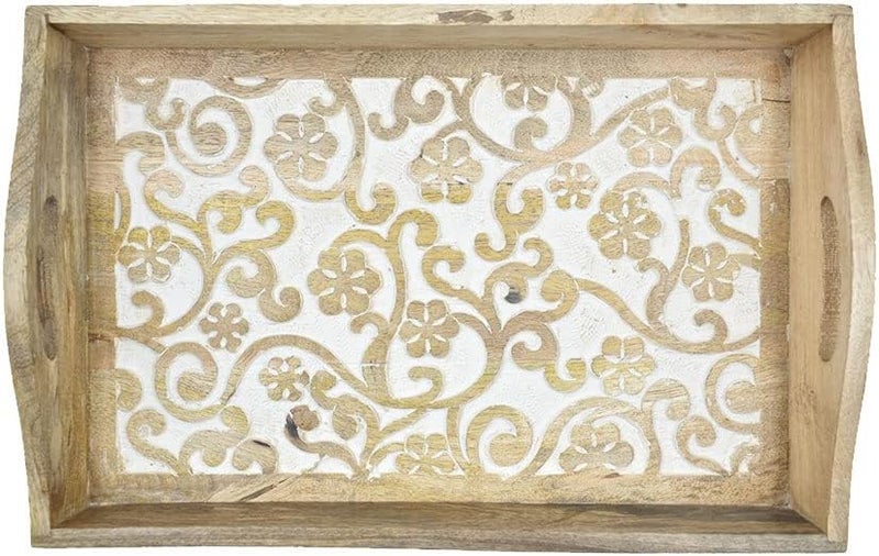 STORE INDYA Rustic Large Wooden Serving Tray Platter for Tea Snack Dessert with Handle Hand Carved Floral Design Kitchen Dining ServeWare Accessories 14 x 10 Inches Beige - Image 4