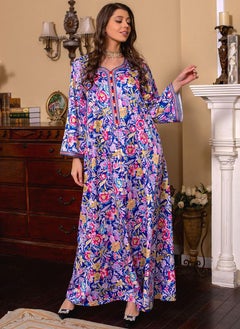 Elegant style V-neck Splicing pattern Color contrast Embroidery Buttons Flared sleeve Kaftan Variant Color