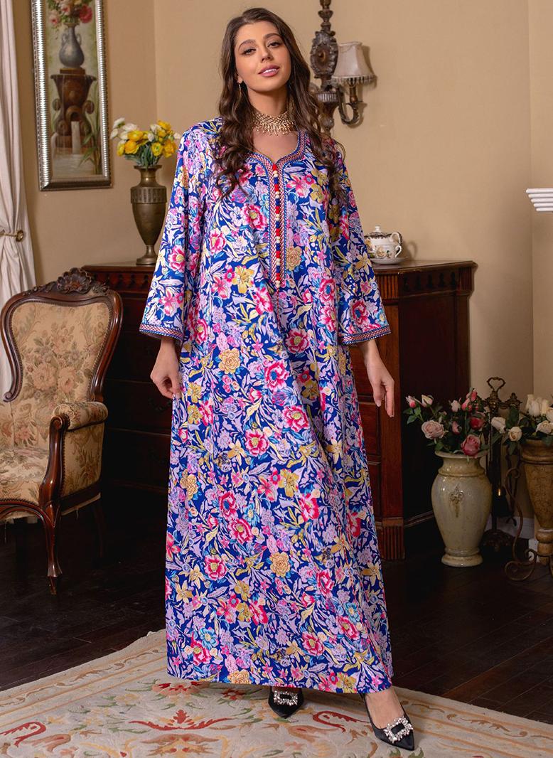 Generic - Elegant style V-neck Splicing pattern Color contrast Embroidery Buttons Flared sleeve Kaftan Variant Color - Image 1