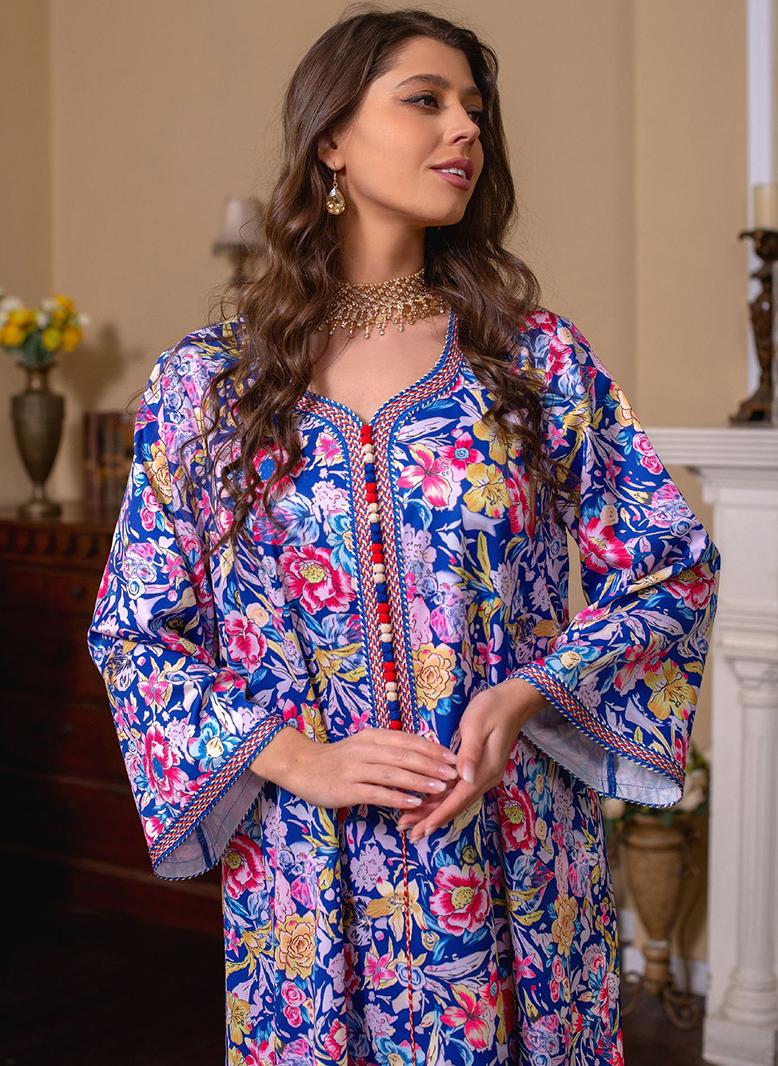 Generic - Elegant style V-neck Splicing pattern Color contrast Embroidery Buttons Flared sleeve Kaftan Variant Color - Image 1