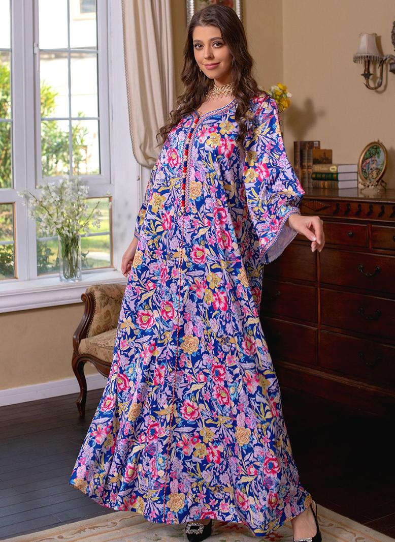 Generic - Elegant style V-neck Splicing pattern Color contrast Embroidery Buttons Flared sleeve Kaftan Variant Color - Image 1