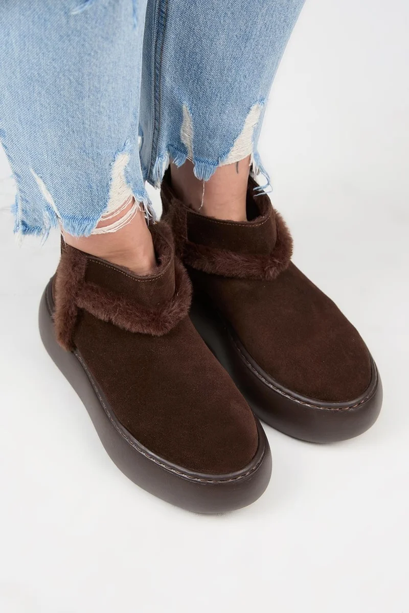 Manijero Manijero (Azura Mini) Women's Genuine Leather Brown Boots with Fur Lining and Fur Trim