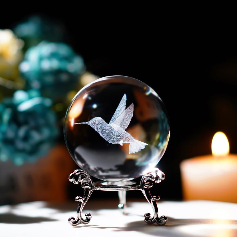 ZEERSHEE 60mm 3D Glass Laser Hummingbird Crystal Ball with Stand Hummingbird Gifts for Women Glass Ball Paperweight Decoration for Home - Image 1