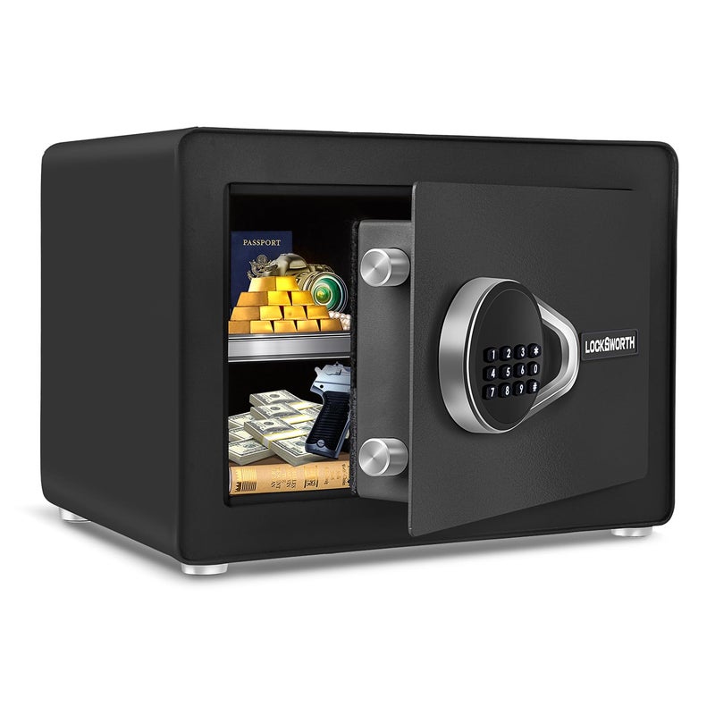 Locksworth Safe for Home, 1.0 Cubic Feet Small Safe with Removable Shelf, Alarm System, Digital Electronic Security Money Box for Cash, Document, Home, Office, Hotel Use, Black, 9.84"D x 13.78"W x 9.84"H - Image 1