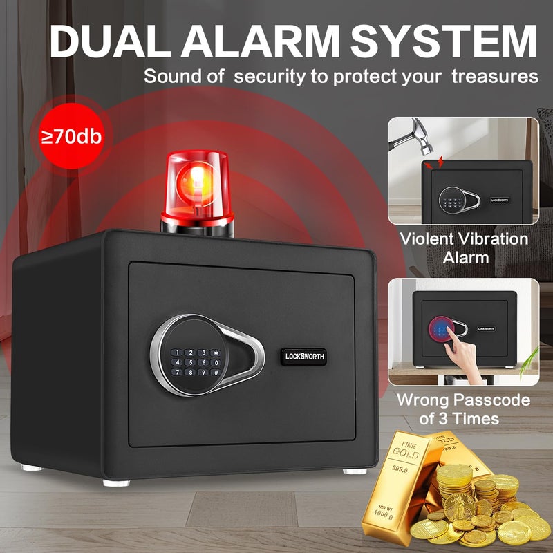 Locksworth Safe for Home, 1.0 Cubic Feet Small Safe with Removable Shelf, Alarm System, Digital Electronic Security Money Box for Cash, Document, Home, Office, Hotel Use, Black, 9.84"D x 13.78"W x 9.84"H - Image 2