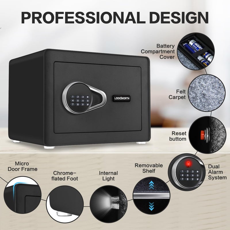 Locksworth Safe for Home, 1.0 Cubic Feet Small Safe with Removable Shelf, Alarm System, Digital Electronic Security Money Box for Cash, Document, Home, Office, Hotel Use, Black, 9.84"D x 13.78"W x 9.84"H - Image 4