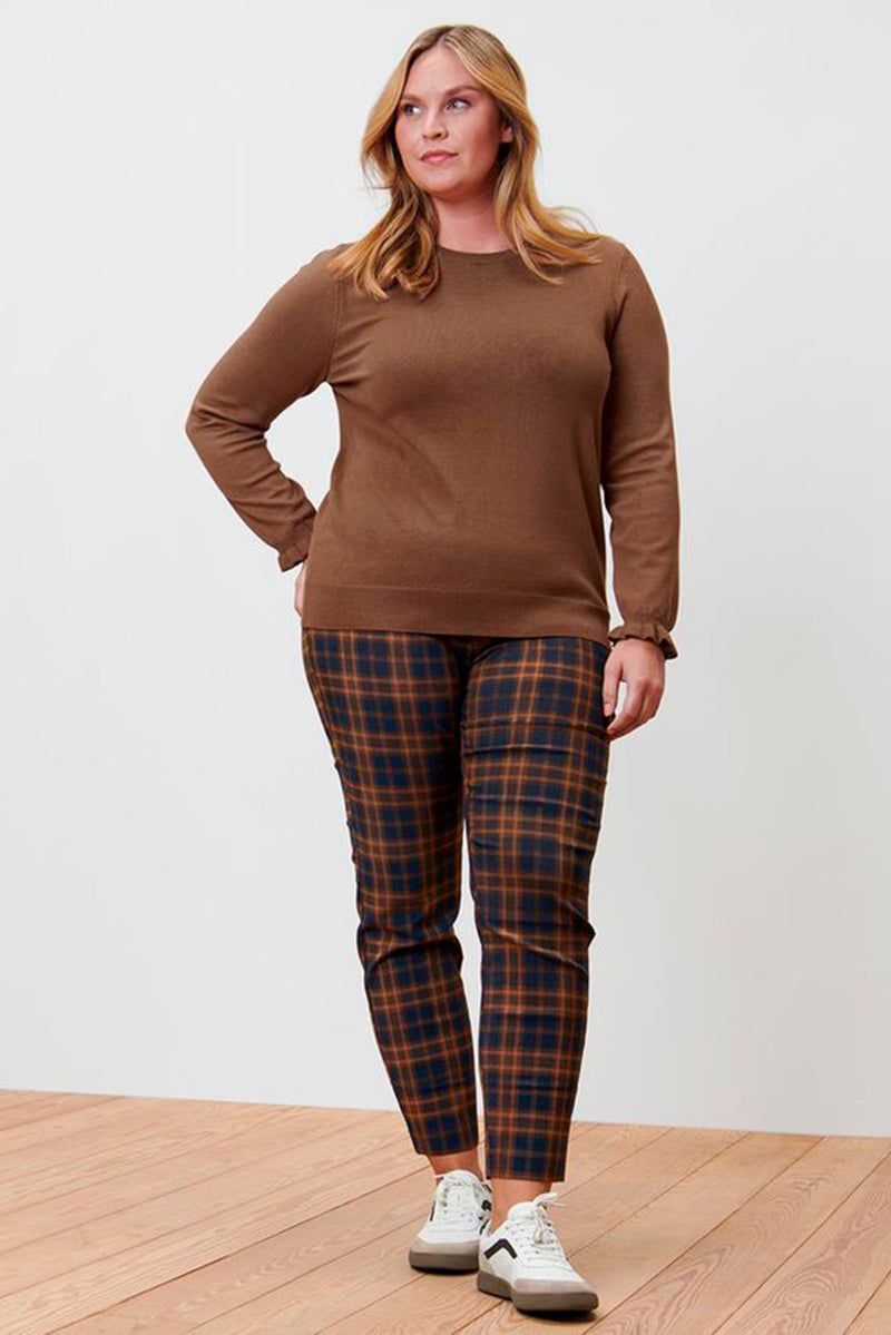 Tchibo Women Slim Fit Plaid Dress Pants, Brown - Image 1