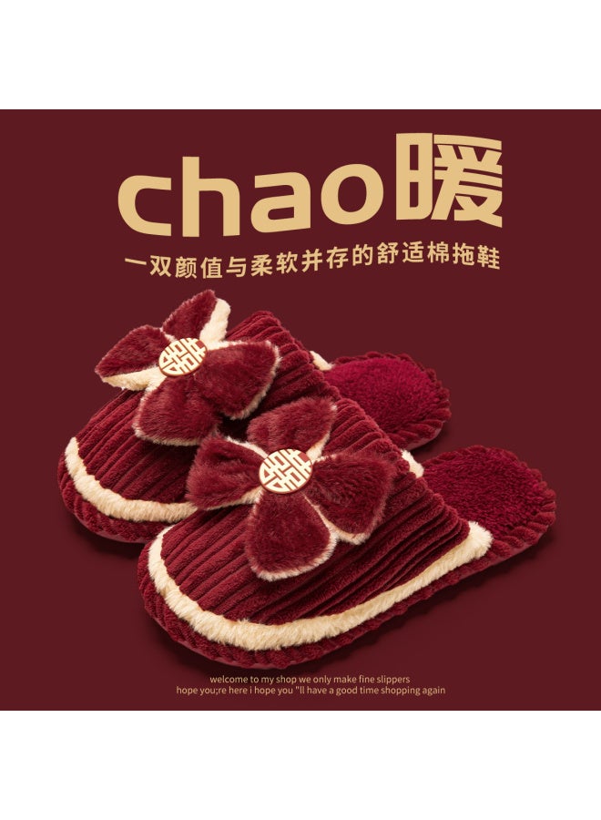 Wedding Cotton Slippers For Women, Winter  New Model, Couple's Festive Newlywed Dowry Pajamas, High-end Morning Robe, Cotton Slippers For Men Ql
