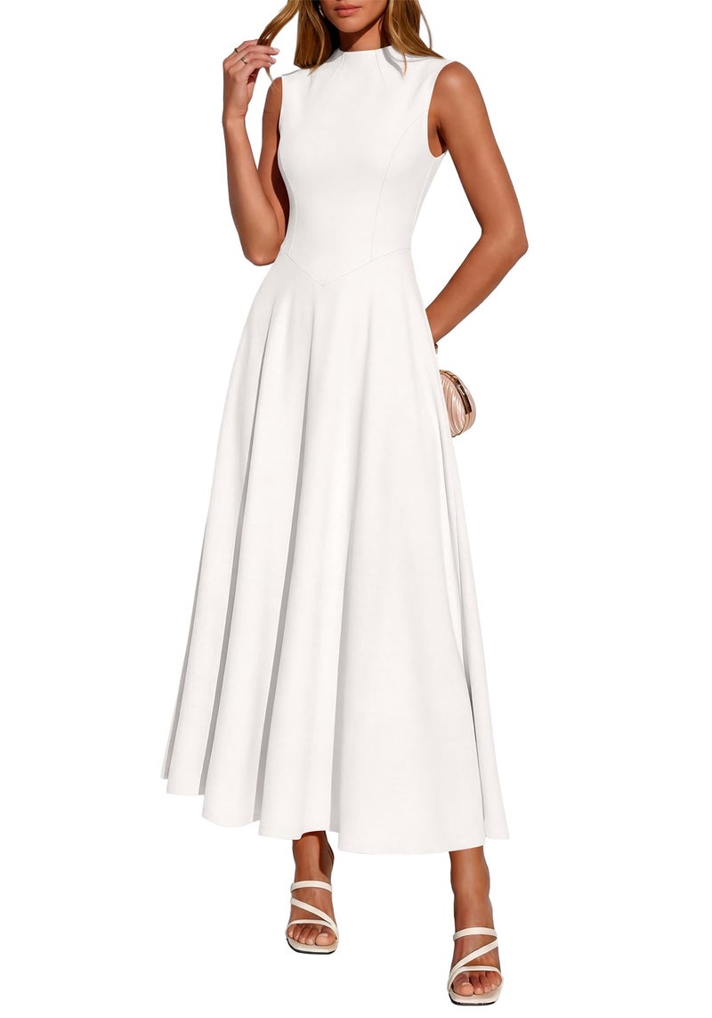 BTFBM Summer Dresses for Women 2026 Mock Neck Sleeveless High Waist Flowy Aline Maxi Spring Wedding Guest Dress Cocktail(White, Medium) - Image 1