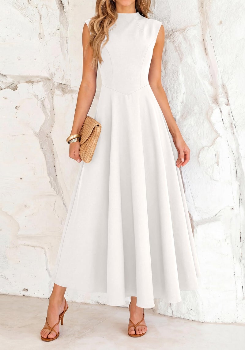 BTFBM Summer Dresses for Women 2026 Mock Neck Sleeveless High Waist Flowy Aline Maxi Spring Wedding Guest Dress Cocktail(White, Medium) - Image 2
