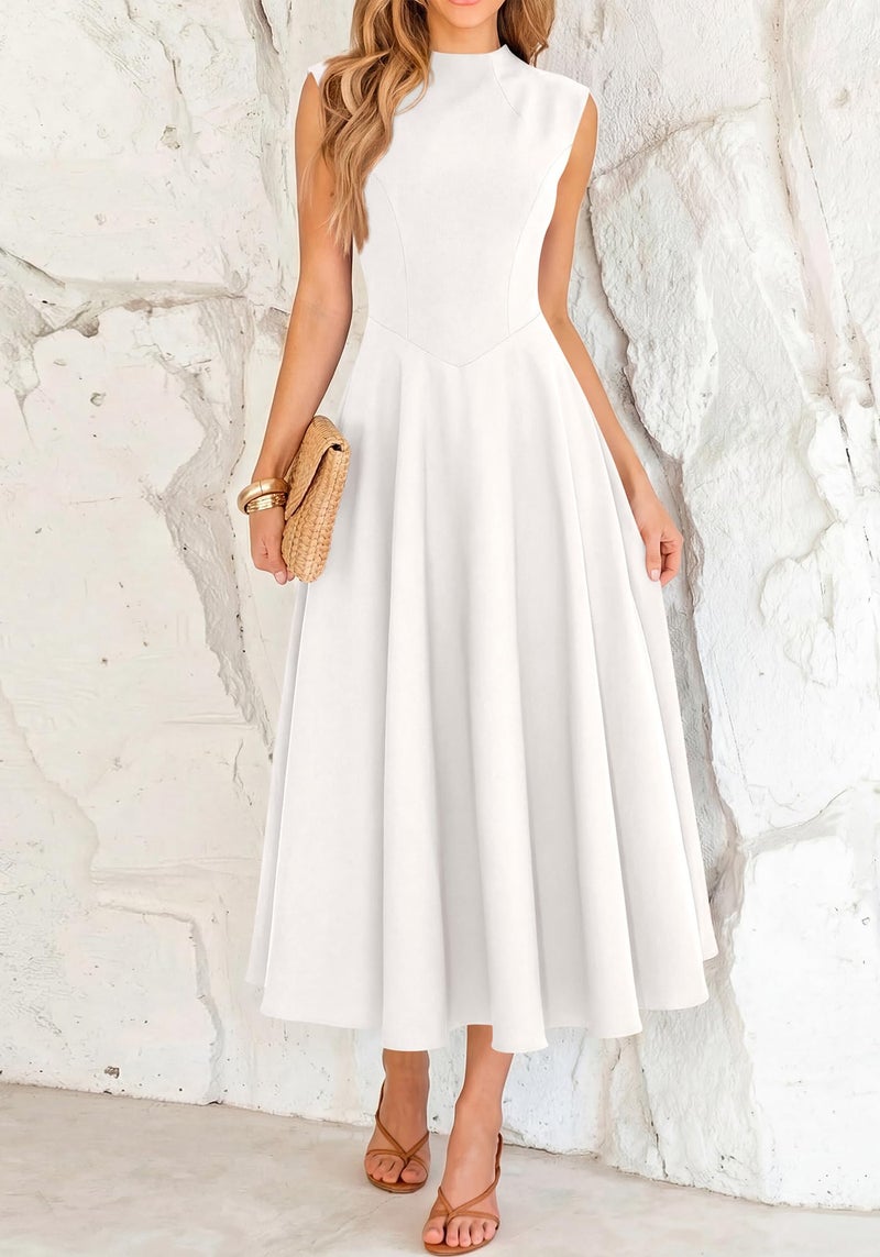 BTFBM Summer Dresses for Women 2026 Mock Neck Sleeveless High Waist Flowy Aline Maxi Spring Wedding Guest Dress Cocktail(White, Medium) - Image 4