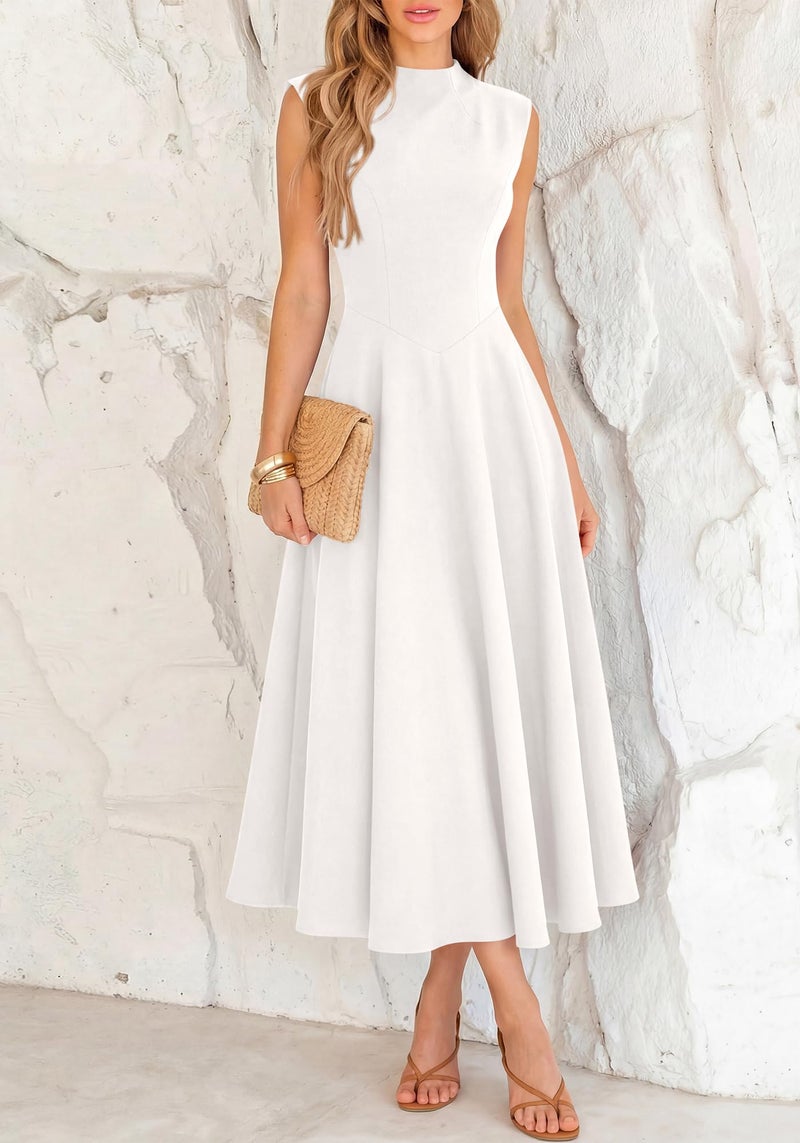 BTFBM Summer Dresses for Women 2026 Mock Neck Sleeveless High Waist Flowy Aline Maxi Spring Wedding Guest Dress Cocktail(White, Medium) - Image 5