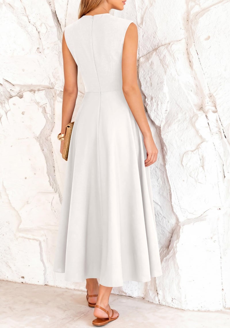 BTFBM Summer Dresses for Women 2026 Mock Neck Sleeveless High Waist Flowy Aline Maxi Spring Wedding Guest Dress Cocktail(White, Medium) - Image 3