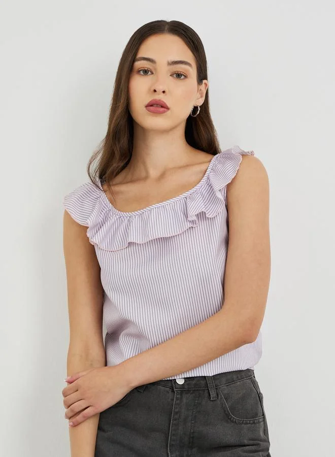 Take Two Take Two Striped Ruffled Neckline Sleeveless Top