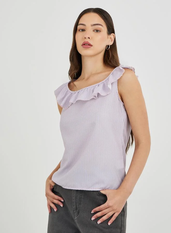 Take Two Take Two Striped Ruffled Neckline Sleeveless Top
