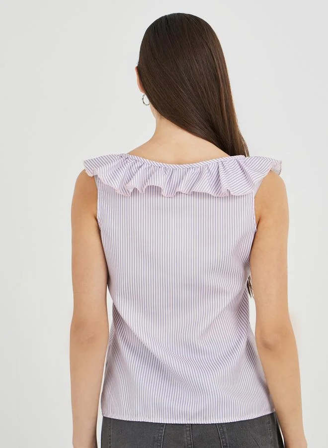 Take Two Take Two Striped Ruffled Neckline Sleeveless Top