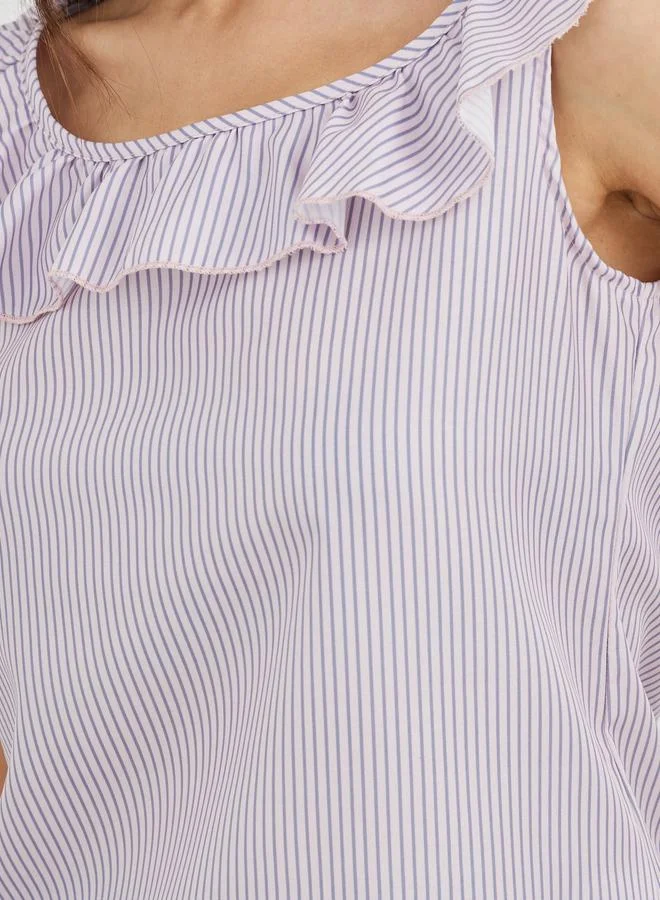 Take Two Take Two Striped Ruffled Neckline Sleeveless Top