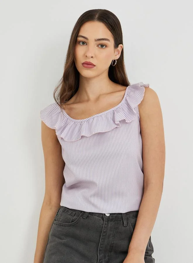 Take Two Take Two Striped Ruffled Neckline Sleeveless Top