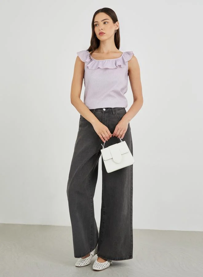 Take Two Take Two Striped Ruffled Neckline Sleeveless Top