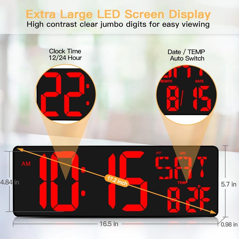 XREXS Large Digital Wall Clock with Remote Control, 16.5 Inch LED Large Display Count Up & Down Timer, Adjustable Brightness Alarm Clock with Day/Date/Temperature for Home, Gym, Office and Classroom - Image 2