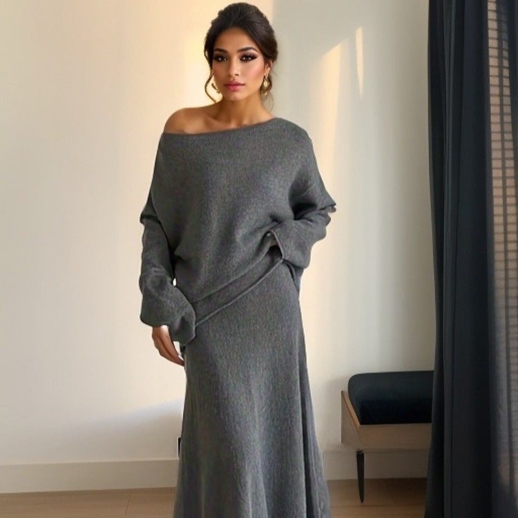 2024 Autumn Elegant Knit Set Off-Shoulder Sweater Skirt Purple - Image 5