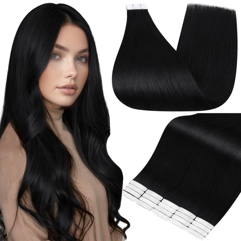 Full Shine Hair Extensions Real Human Hair Tape in 18 Inch Color 1 Jet Black Straight Invisible Seamless Tape in Hair Extensions Human Hair 20PCS Soft and Silky Natural Remy Hair 50grams for Party