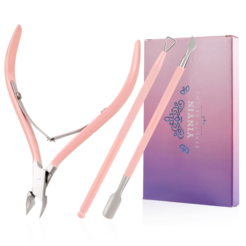 YINYIN Professional Stainless Steel Cuticle Trimmer with Pusher and Cutter  Durable Pedicure Manicure Tools for Fingernails and Toenails Pink