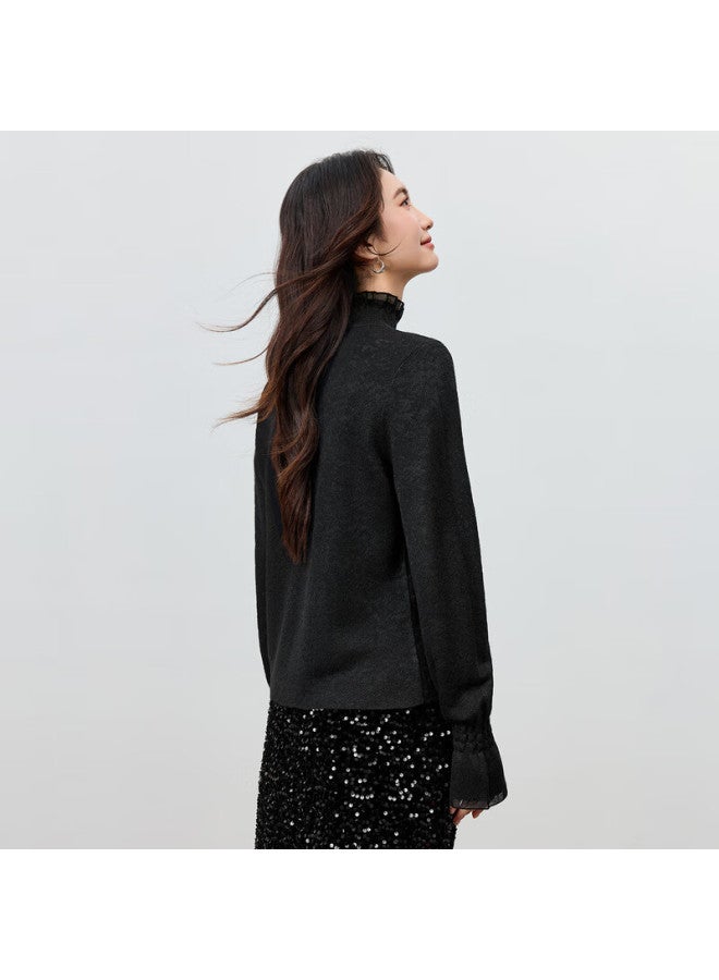 Sentubila Ribbed High Neck Knit Sweater Women Autumn Workwear Flared Long Sleeve Jacquard Textured Sheer Stretch Layering Top