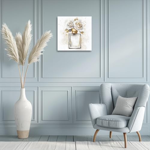 PBXBJY Flower Bathroom Decor Perfume Bottle with Flower Wall Art Gold Grey Rose Poster Fashion Picture Modern Girls Bedroom Wall Decor Framed (12.00" x 12.00") - Image 2