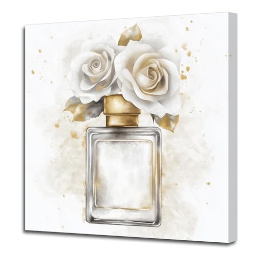 PBXBJY Flower Bathroom Decor Perfume Bottle with Flower Wall Art Gold Grey Rose Poster Fashion Picture Modern Girls Bedroom Wall Decor Framed (12.00" x 12.00") - Image 1