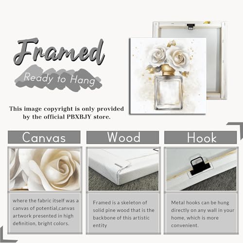 PBXBJY Flower Bathroom Decor Perfume Bottle with Flower Wall Art Gold Grey Rose Poster Fashion Picture Modern Girls Bedroom Wall Decor Framed (12.00" x 12.00") - Image 5