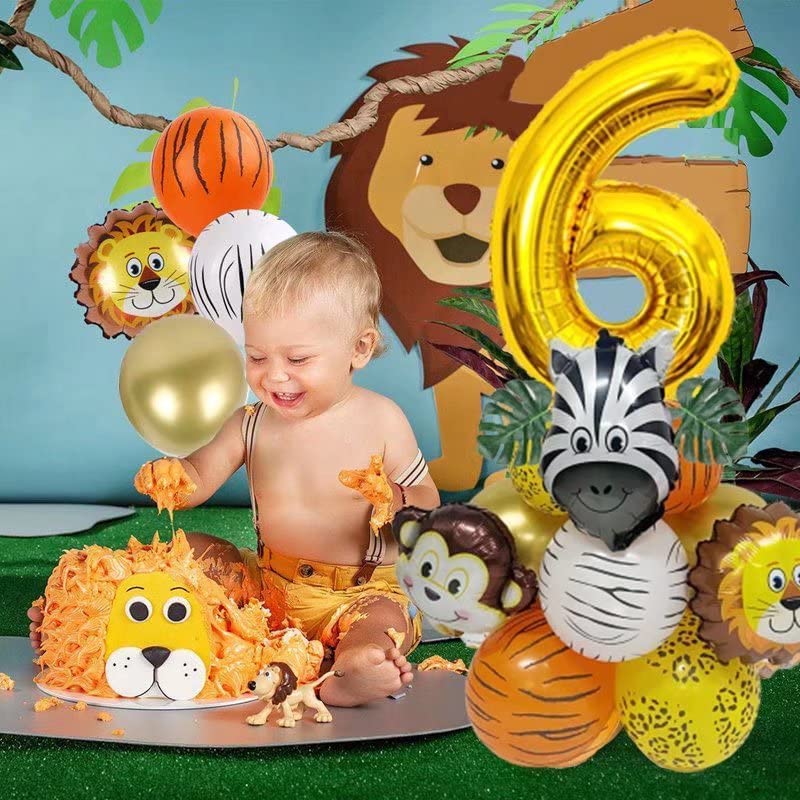 Lazybeee 19pcs Jungle Animal Balloons Set Large Number 6 Birthday Party Decorations Kids Monkey Zoo Animal Theme Foil Balloons. - Image 2